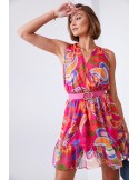 Light patterned dress with a belt, pink and dark blue 03040 - Online store - Boutique